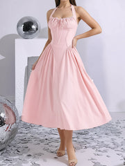 Halter Lace-Up Ruched Sleeveless Midi A-Line Dress