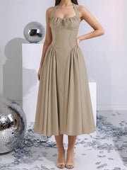 Halter Lace-Up Ruched Sleeveless Midi A-Line Dress
