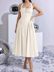 Halter Lace-Up Ruched Sleeveless Midi A-Line Dress
