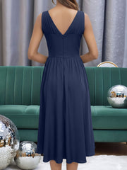V Neck Ruched Sleeveless A-Line Midi Dress