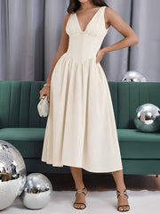 V Neck Ruched Sleeveless A-Line Midi Dress