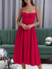 Spaghetti Strap Backless Pockets A-Line Midi Dress