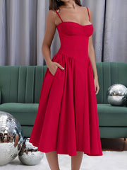 Spaghetti Strap Backless Pockets A-Line Midi Dress