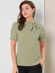 Bow Tie Neck Tops Elegant Office Short Sleeve Blouse