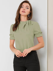 Bow Tie Neck Tops Elegant Office Short Sleeve Blouse