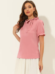 Bow Tie Neck Tops Elegant Office Short Sleeve Blouse