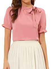 Bow Tie Neck Tops Elegant Office Short Sleeve Blouse