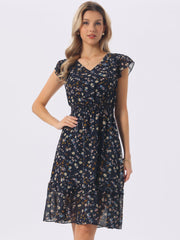 Floral Flutter Sleeve V Neck Smocked Ruffle Dress
