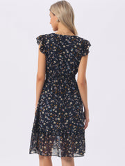 Floral Flutter Sleeve V Neck Smocked Ruffle Dress