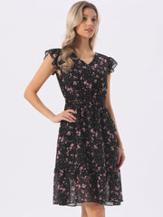 Floral Flutter Sleeve V Neck Smocked Ruffle Dress