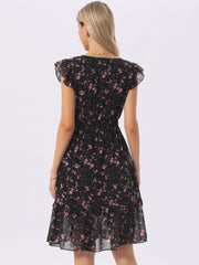 Floral Flutter Sleeve V Neck Smocked Ruffle Dress