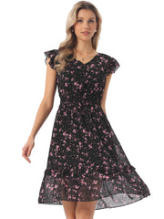 Floral Flutter Sleeve V Neck Smocked Ruffle Dress