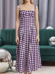 Vintage Spaghetti Strap Floral/Plaid Swing Dress