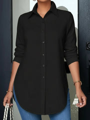 Collared Long Sleeves Solid Color Side Slit Shirt