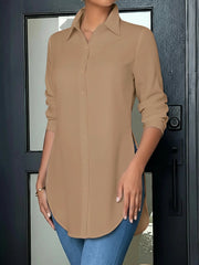 Collared Long Sleeves Solid Color Side Slit Shirt