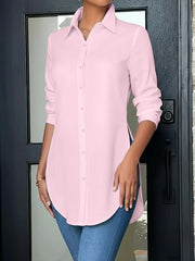 Collared Long Sleeves Solid Color Side Slit Shirt
