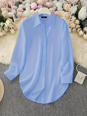 Collared Long Sleeves Solid Color Side Slit Shirt