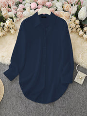 Collared Long Sleeves Solid Color Side Slit Shirt