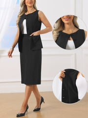 2 Piece Business Work Set Button Down Sleeveless Vest & Sheath Skirt Suit Set