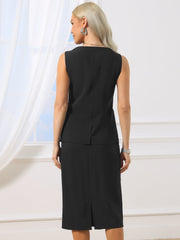 2 Piece Business Work Set Button Down Sleeveless Vest & Sheath Skirt Suit Set