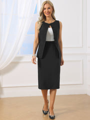 2 Piece Business Work Set Button Down Sleeveless Vest & Sheath Skirt Suit Set