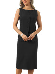 2 Piece Business Work Set Button Down Sleeveless Vest & Sheath Skirt Suit Set