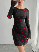 Heart Print Flared Sleeve Backless Mesh Bodycon Dress