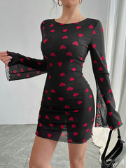 Heart Print Flared Sleeve Backless Mesh Bodycon Dress