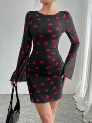 Heart Print Flared Sleeve Backless Mesh Bodycon Dress
