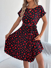 Heart Print Round Neck Pleated A-Line Midi Dress
