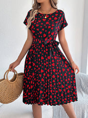 Heart Print Round Neck Pleated A-Line Midi Dress