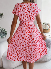 Heart Print Round Neck Pleated A-Line Midi Dress
