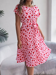 Heart Print Round Neck Pleated A-Line Midi Dress