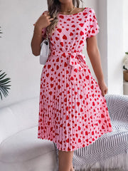Heart Print Round Neck Pleated A-Line Midi Dress