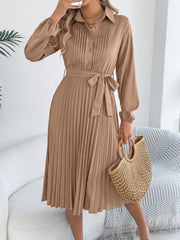 Collared Long Sleeve Belted Pleated Midi Shirt Dress