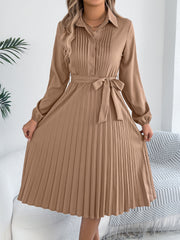 Collared Long Sleeve Belted Pleated Midi Shirt Dress