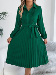 Collared Long Sleeve Belted Pleated Midi Shirt Dress