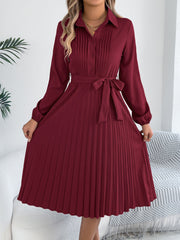 Collared Long Sleeve Belted Pleated Midi Shirt Dress