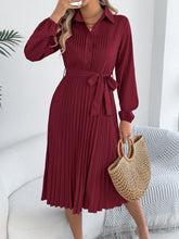 Collared Long Sleeve Belted Pleated Midi Shirt Dress