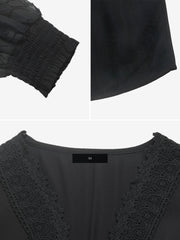 Lace V Neck Puff Sleeves Tiered Midi Dress
