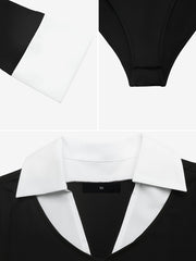 Fake-2-Piece Colorblock Collared Long Sleeves Bodysuits