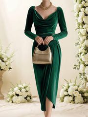 Velvet Cowl Neck Puff Sleeves Ruched Midi Dress