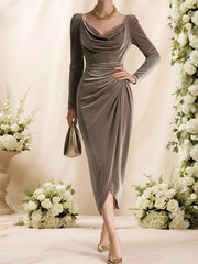 Velvet Cowl Neck Puff Sleeves Ruched Midi Dress