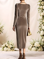 Velvet Cowl Neck Puff Sleeves Ruched Midi Dress