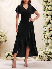Velvet Ruffled Short Sleeves A-Line Midi Dress