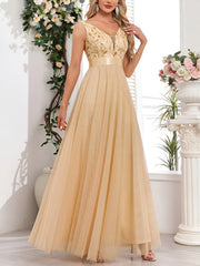 Sequin Embroidered V Neck Sleeveless Evening Gown Maxi Dress