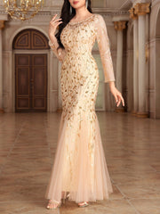 Sequin Embroidered Long Sleeve Round Neck Fishtail Dress Evening Gown