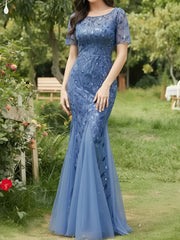 Mesh Embroidered Sequin Evening Gown Fishtail Dress
