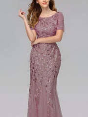 Mesh Embroidered Sequin Evening Gown Fishtail Dress