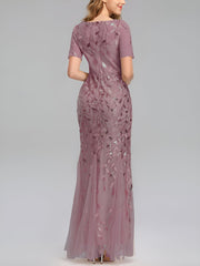 Mesh Embroidered Sequin Evening Gown Fishtail Dress